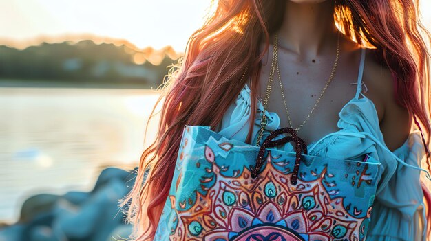 Foto zorgeloze vrouw met vloeiend rood haar en een blauwe strandtas die van de zonsondergang op het strand geniet