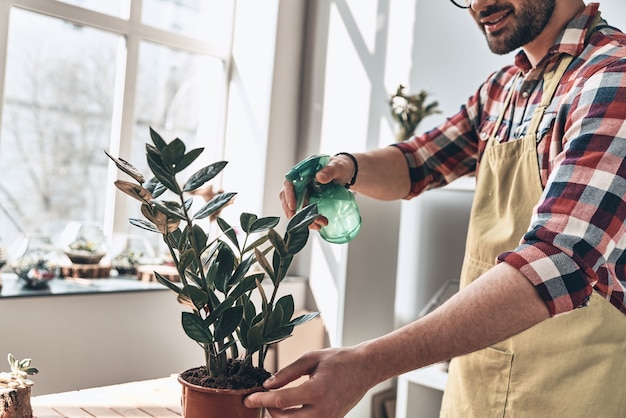 Zorgt goed voor zijn planten. Close up van jonge man in schort drenken potplant