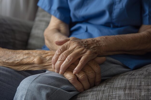 Zorgverlener houdt de hand van een verdrietige oudere patiënt terwijl ze hem controleert in een bejaardentehuis of ziekenhuis Patiënt toont vriendelijkheid terwijl de zorgverlener steun toont tijdens herstel of verlies