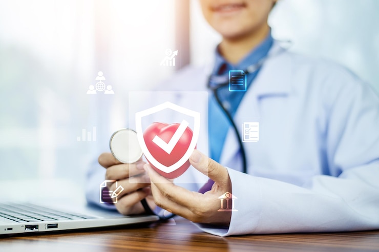 Zorgverzekeringsconcept Dokter online technologie medische zorgverzekeringsconcept Gezondheidszorgverzekering achtergrond
