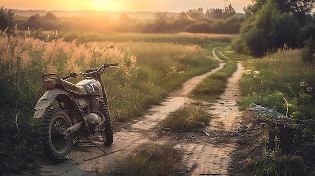 Foto zorgvuldig gecomponeerd beeld van een scrambler motorfiets geparkeerd op een landelijke weg bij zonsondergang