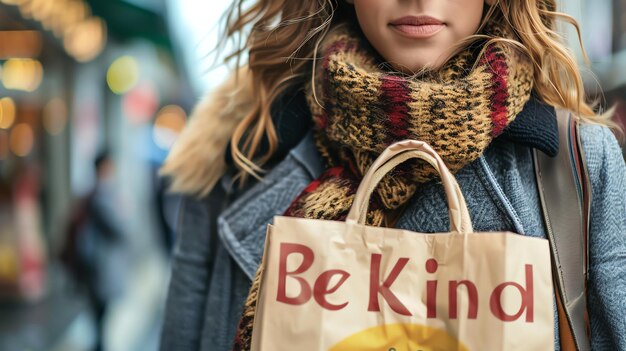 Foto zorgvuldige jonge vrouw met een boodschappenzak met de boodschap wees vriendelijk erop gedrukt