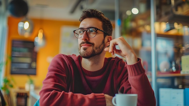 Foto zorgvuldige mannelijke professionele brainstorming ideeën in een gezellige kantoorkant met een koffiekopje