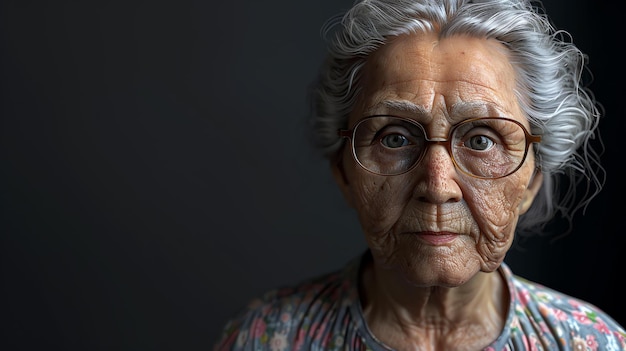Zorgvuldige oudere vrouw met een bril die met een serieuze uitdrukking naar de camera kijkt