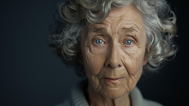 Zorgvuldige oudere vrouw met grijs haar en blauwe ogen die met een vleugje verdriet in haar ogen naar de camera kijkt