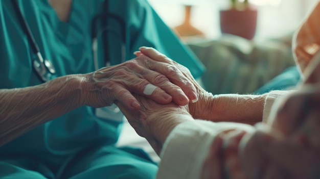 Zorgvuldige verpleegster of arts die een oudere dame zorgvuldig de hand houdt