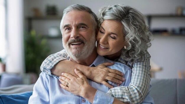 Zorgvuldige vrouw van middelbare leeftijd omarmt haar man kijkt met liefde en een brede glimlach