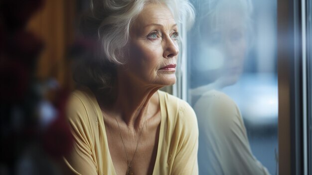 Zorgwekkende hete bejaarde vrouw die in het raam kijkt Ai generatief