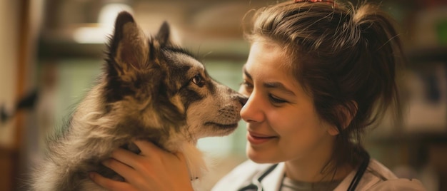 Foto zorgzame dierenarts met een harige patiënt hond die teder zorg en troost biedt