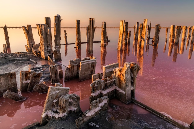 Zout op een roze zoutmeer bij zonsondergang Pink Salt Lake Hutt Lagoon