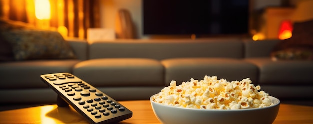 Zoute popcorn op de houten tafel in modern interieur Generatieve ai