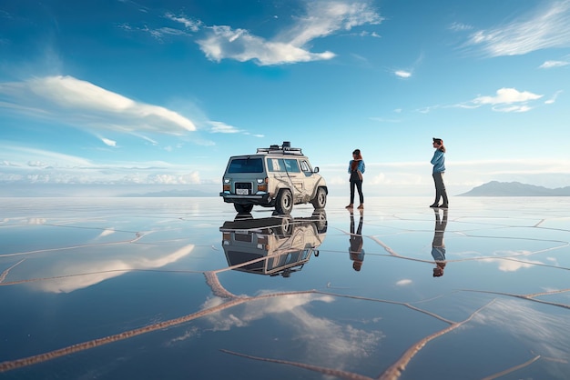 Zoutvlakten in Bolivia na regen met lucht weerspiegeld in water mensen die AI generatief lopen