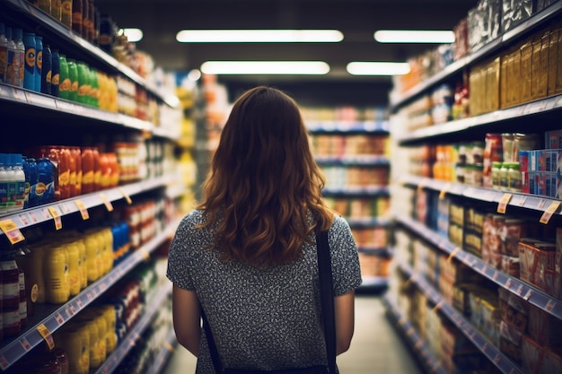 Zoveel merken Achteraanzicht van een jonge vrouw die winkelt in een supermarkt