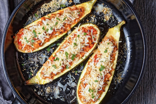 갈은 고기, 다진 토마토, 치즈로 채워진 주키니 보트는 이탈리아 요리인 나무 테이블에 있는 검은 베이킹 접시에 있습니다.