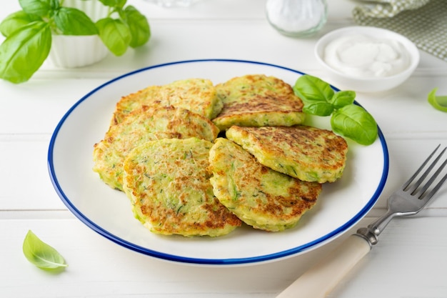 Zucchini fritters with cheese garlic and herbs Vegetarian zucchini pancakes with sour cream