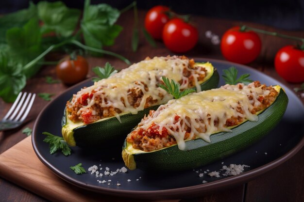 Zucchini halven gevuld met gehakt en tomaten