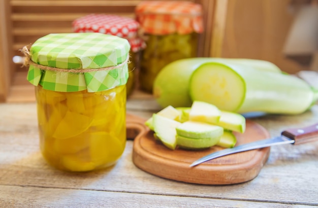 Zucchini jam in a jar. Selective focus. Food.