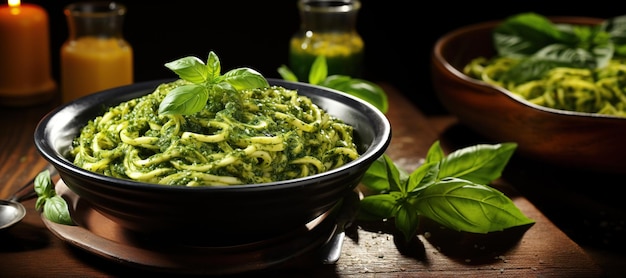 Foto tagliatelle di zucchine con salsa al pesto un'alternativa a basso contenuto di carboidrati alla pasta con tagliatelle di zucchine condite con pesto di basilico fatto in casa generato con ai