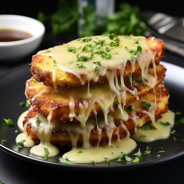 Foto zucchini parmigiana fette di zucchine al pane e fritte stratificate con salsa di pomodoro cena