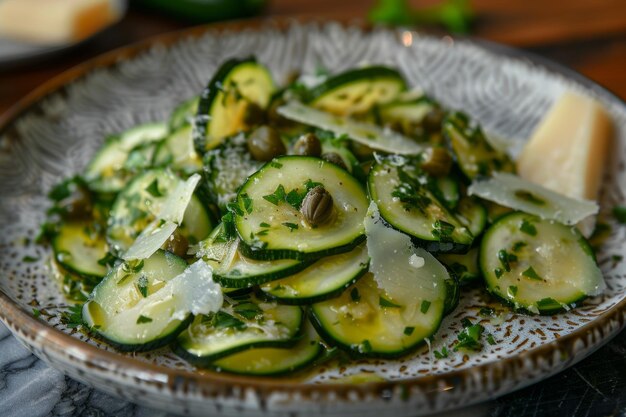 Zucchini salade met kaas en kapers op een bord Generatieve AI