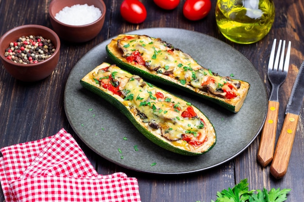 Zucchini stuffed with mushrooms tomatoes and cheese Healthy eating Vegetarian food Diet