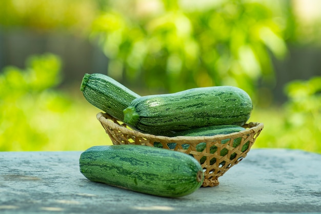 Zucchini on a table in the garden