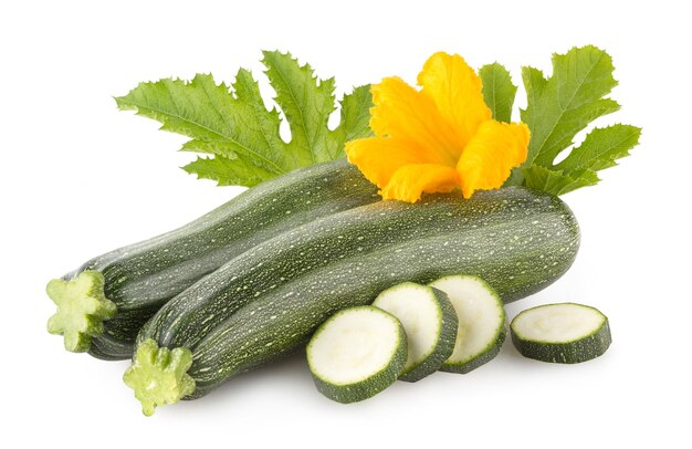 Zucchini with flower and leaves isolated on white background