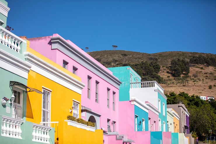 Foto zuid-afrika bokaap buurt in kaapstad helder geschilderde huizen