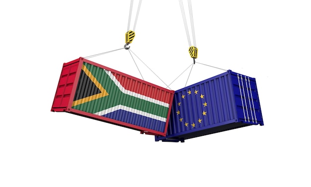 Zuid-Afrika en Europa handelsoorlog concept botsende vrachtcontainers d render