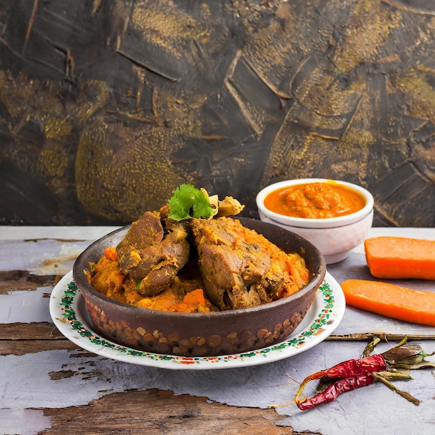 Zuid-Afrikaans fastfoodgerecht bunny chow curry met vlees en groenten in wit brood op een lichte achtergrond