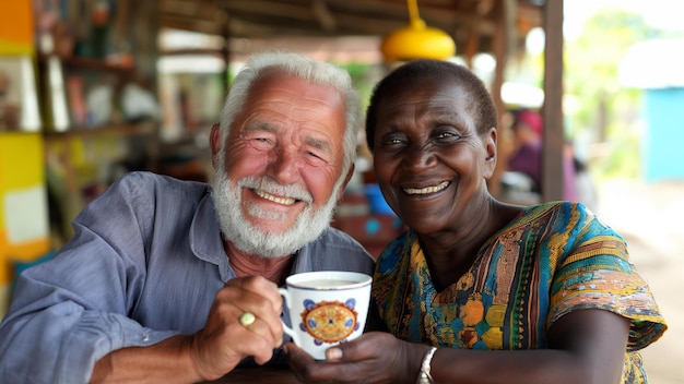Zuid-Afrikaans koppel drinkt oude koffie gelukkig en glimlachend