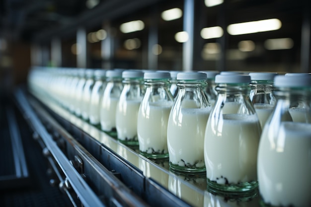 Zuivelfabrieken efficiënte transportband verwerkt de stroom melkflessen