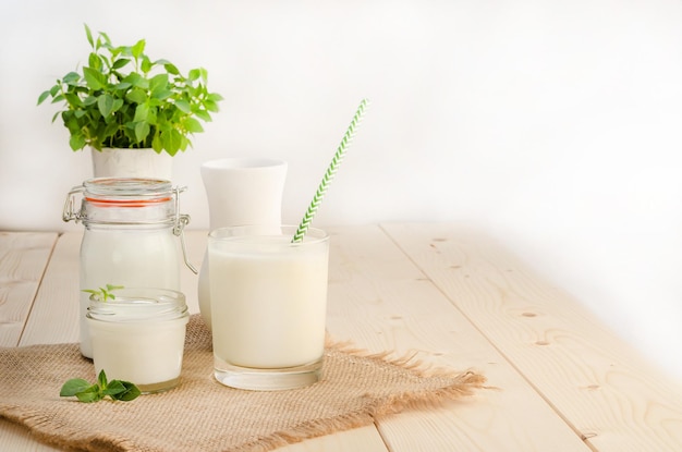 Zuivelstartcultuur voor de bereiding van gefermenteerde melkproducten in een glas op een witte houten ondergrond met een kopieerruimte