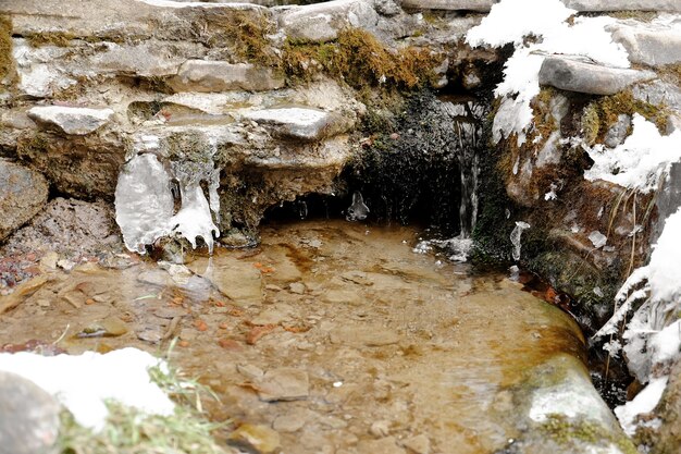 Zuivere bergstroom op winterdag