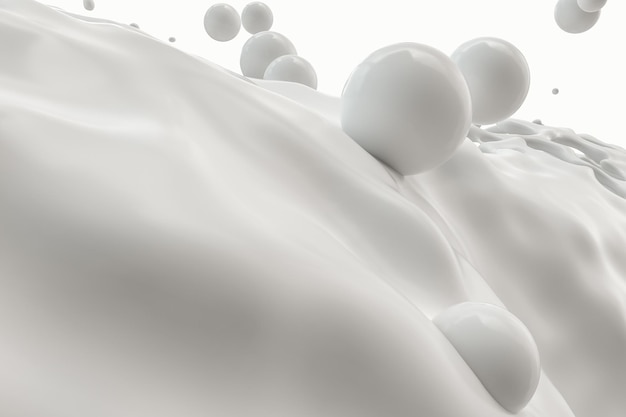 Zuiverheid opspattende melk met vliegende bollen 3D-rendering