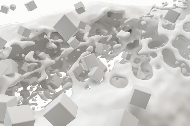 Zuiverheid spattende melk met vliegende kubussen 3D-rendering