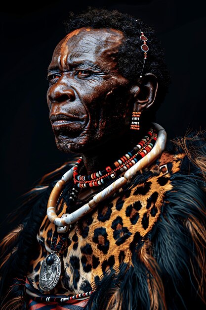 Портрет мужчины-зулу в традиционной юбке из леопардной кожи, футболке, дизайне искусства татуировки, чернильных рамах