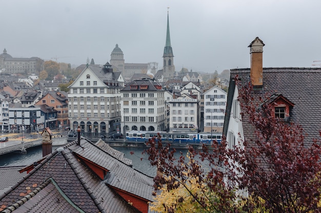 Вид на центр Цюриха через реку Лиммат, панорама на здание, пасмурная погода