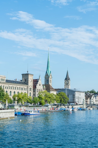 Zurich city center with famous Fraumunster and Grossmunster Churches and river Limmat 