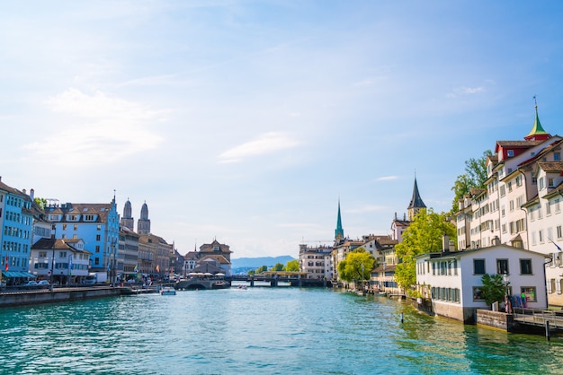 Zurich city center with famous Fraumunster and Grossmunster Churches and river Limmat 