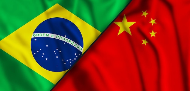 Zwaaiende kleurrijke vlag van Brazilië en nationale vlag van China macro