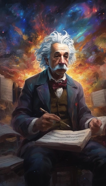 zwaar impasto olieverfschilderij anime volledige beelden Albert Einstein componeert