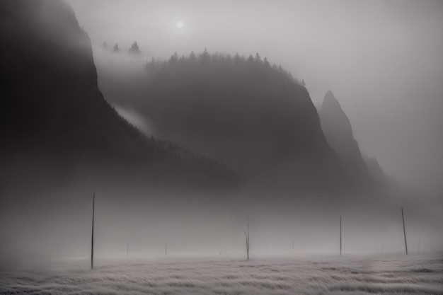 Foto zwaar mistveldlandschap met dennenbosheuvels