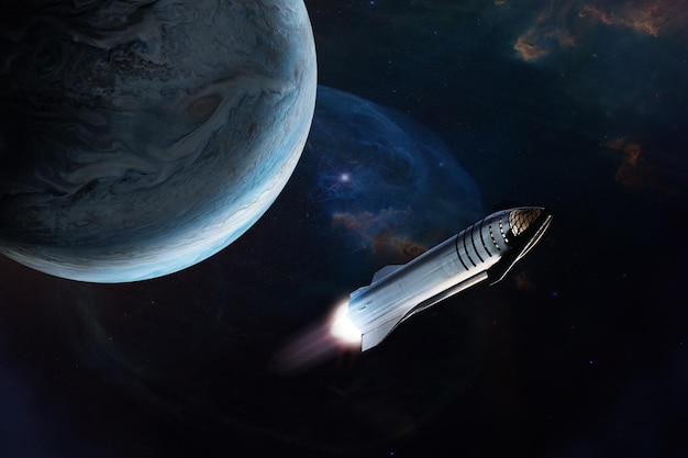 Zwaar sterrenschip opstijgt op Jupiter achtergrond Elementen van deze afbeelding geleverd door NASA
