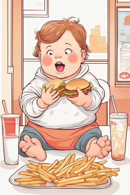 zwaarlijvige jongen meisje eten fastfood hamburger frietjes ongezond eten concept illustratie