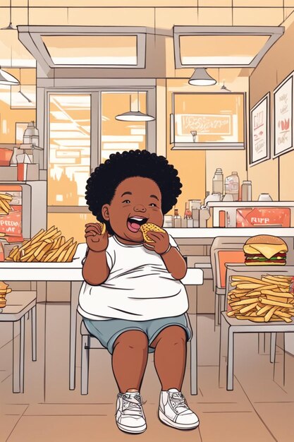 zwaarlijvige jongen meisje eten fastfood hamburger frietjes ongezond eten concept illustratie