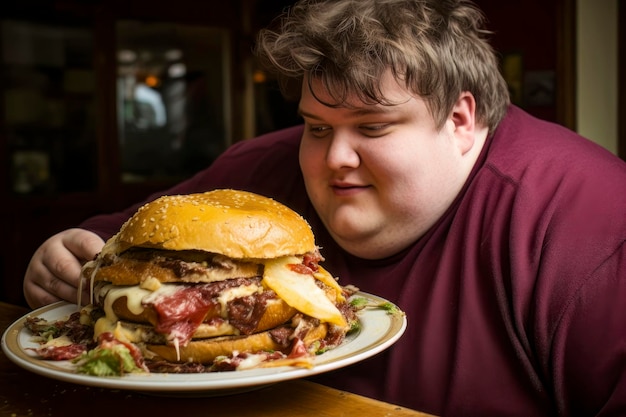 Zwaarlijvige man die zich overgeeft aan junkfood Symbool van de consumptie van junkfood