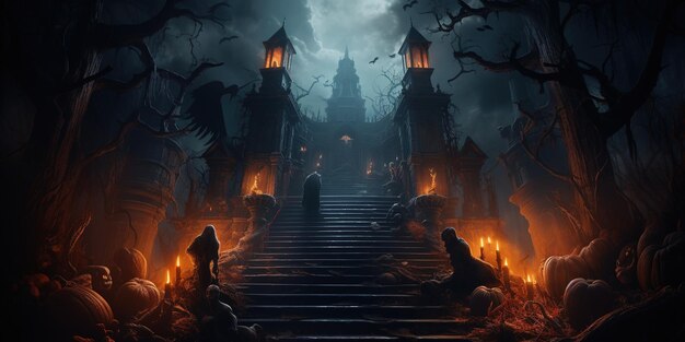 Zwak verlicht Halloween spookachtig herenhuis met spookachtige figuren in de buurt en op treden tussen de mistige bomen
