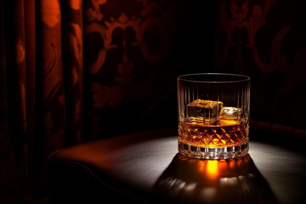 Zwak verlichte kamer eenzame glas whiskey