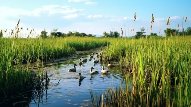 zwanen en zwanen zwemmen in een meer in de zomer